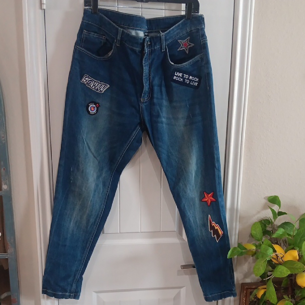 Blue Straight Jeans with Tacking Twill  Embroidered Patches Style Of Jnco